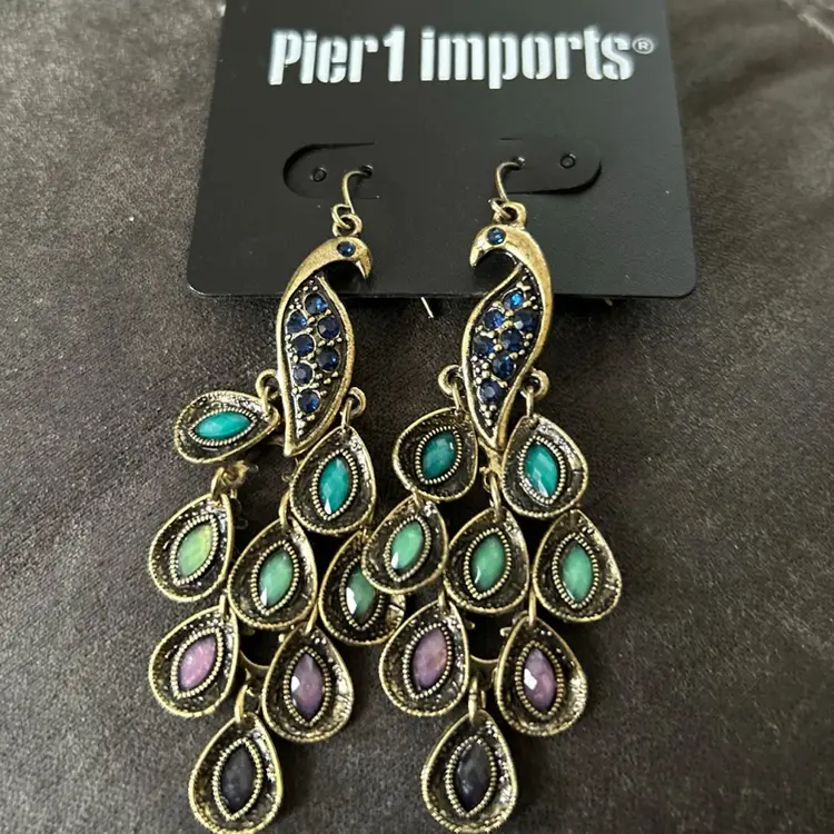 Multicolored Enamel Peacock Pierced Earrings Dangle 1990s Movement Vintage Bling