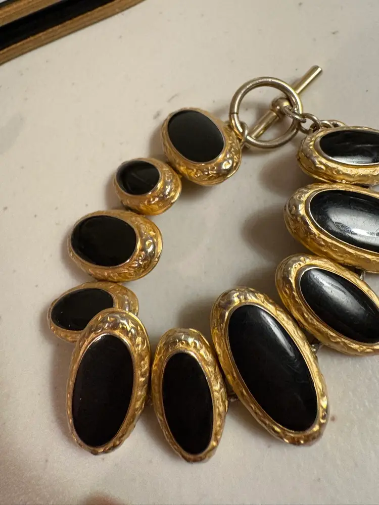 Vintage Gilt & Black Enamel Organic Oval Link Bracelet By Anne Klein, 1980s
