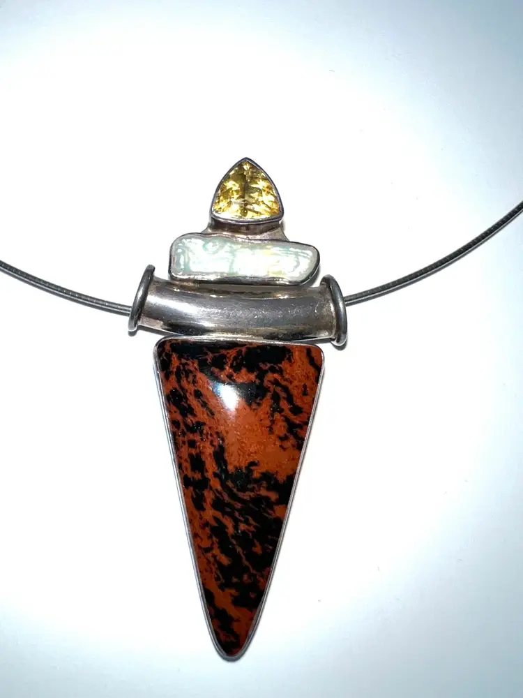 Charles Albert Sterling Silver Natural Stones Pendant W/ Sterling Necklace Chain