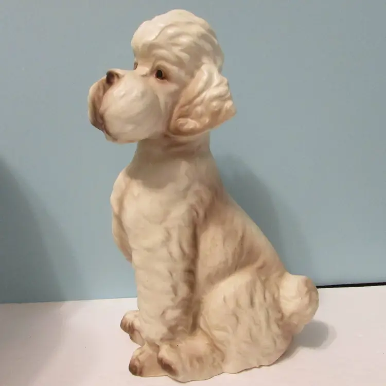vintage ceramic poodle figure white with brown accents sitting dog figurine