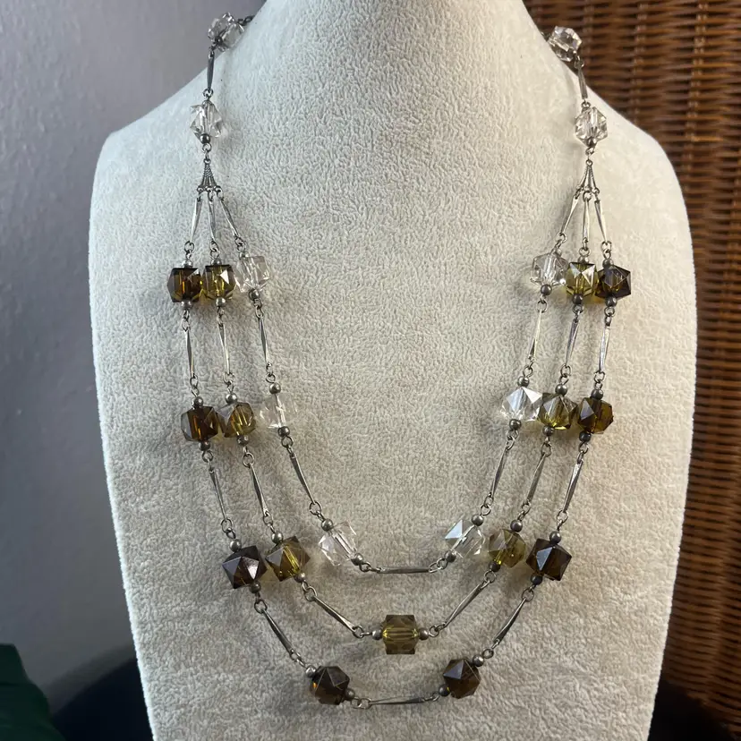 #J60 - Three Strand Layered Necklace Silver Tone - Faceted Plastic - Green Brown Clear