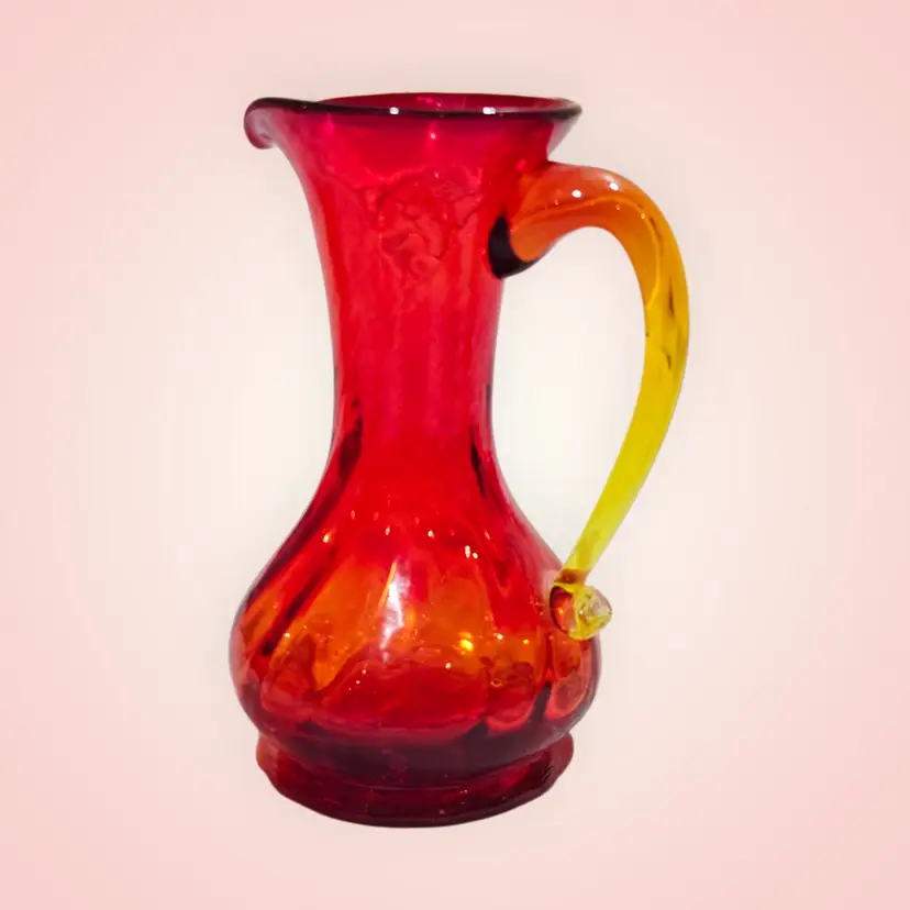 Vintage MCM Art Studio Orange Yellow Crackle Glass Pitcher Hand Blown Jug Vase D