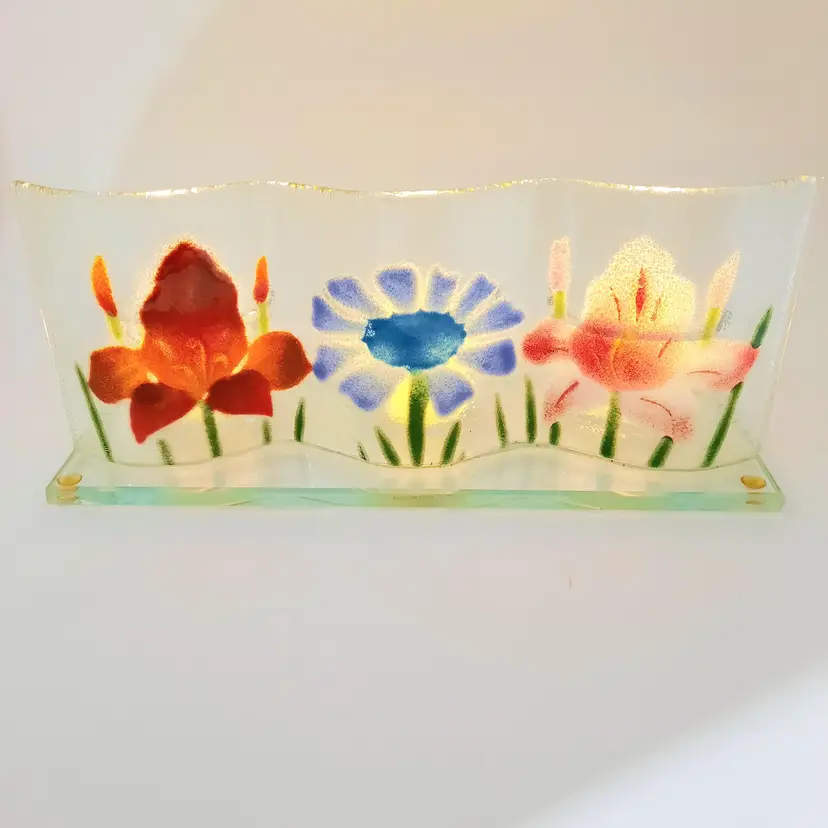 Fused Glass Fusion Art Glass Flower Floral 3 Candle Votive Holder