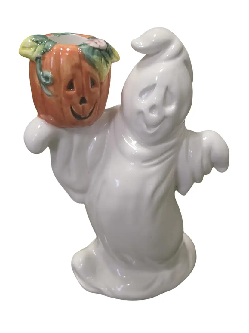1990's Vintage Ceramic Halloween Ghost/Pumpkin Candle Holder 7.5 x 5.5"