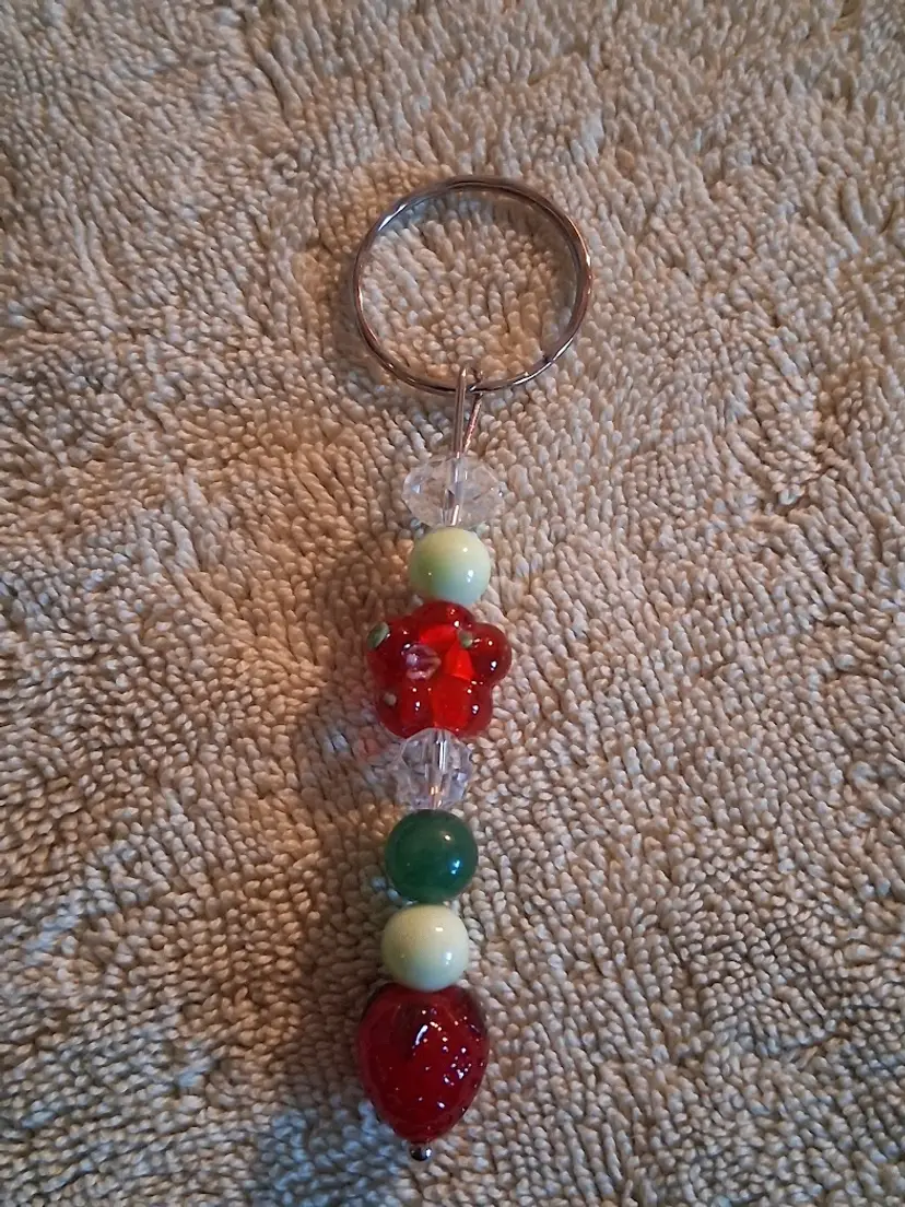 Handmade by Me, Strawberry Themed Keychain with Lampwork Beads + Crystal & Round Glass Beads