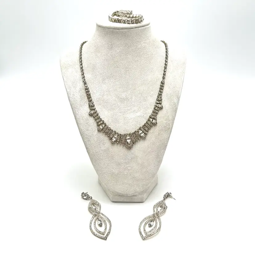 Rhinestone Necklace Earrings Bracelet Silver Tone Paired Bridgerton Inspired Jewelry Lot