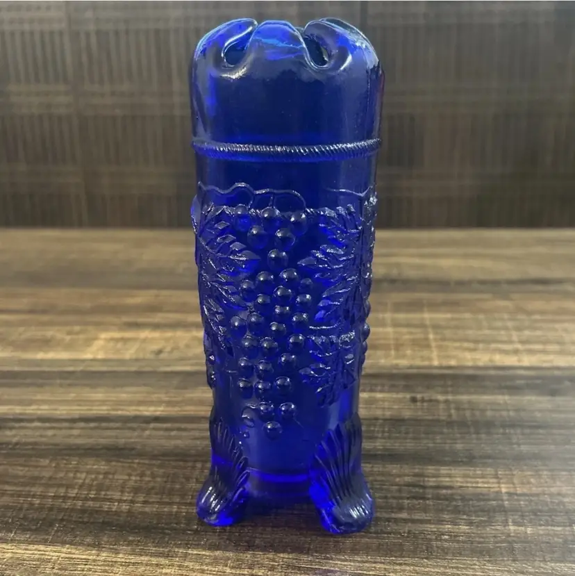 Antique 1920s Northwood Cobalt Blue Glass Hat Pin Holder Vase Grape & Cable