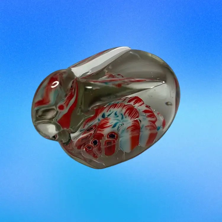 Vintage Art Glass Rabbit With Orange & White Millefiori Center. Has Orange Eyes.