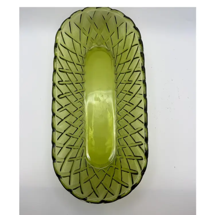 Vintage Indiana Glass Avocado Green Pretzel Pattern Celery Dish