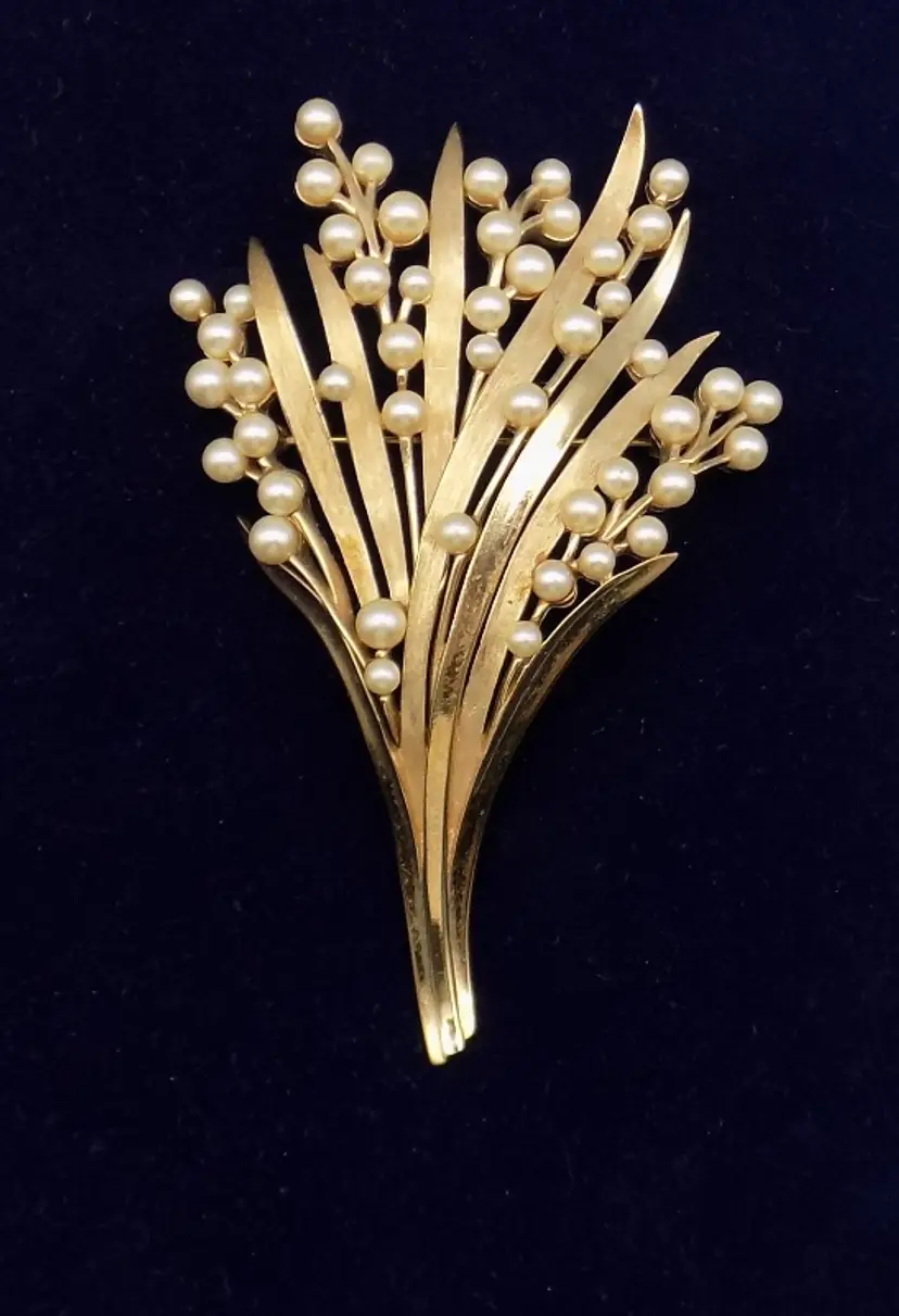Crown Trifari Vintage Lily of the Valley Brooch Signed Pin Satin & Shiny Pearls