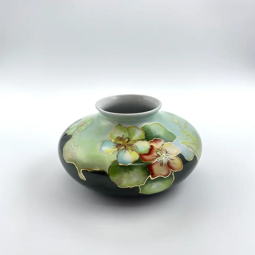 Porcelain Vase Hand Painted Green with Floral Nasturtium Blossoms Gold Accents Signed