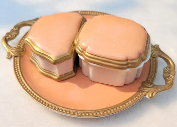 Vtg Porcellane D’Arte Agostinelli Italy Pink Gold Vanity Tray Trinket Dishes Set