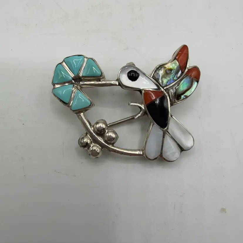 Zuni Sterling Silver Hummingbird Abalone And Stone Enamel Brooch Pendant Singed DE