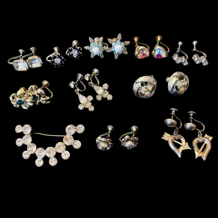 Lot of 10 Pair Vintage Screw-Back Earrings + 1 Brooch