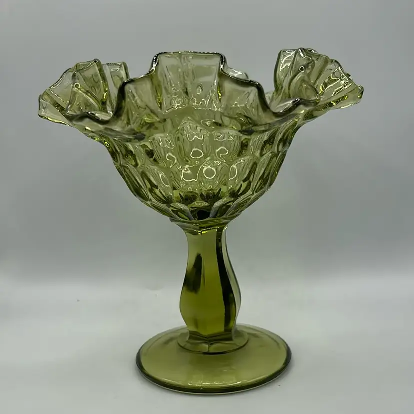 Fenton green ruffled thumb print compote