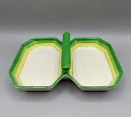 Japan Nut Candy Trinket Dish Divided Handle Green Yellow 1970s Mod Retro
