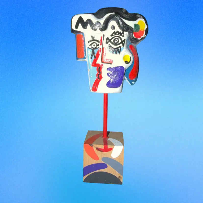 Hand-painted Abstract Picasso Style Mixed Media Wood Base Face Sculpture Barcelona