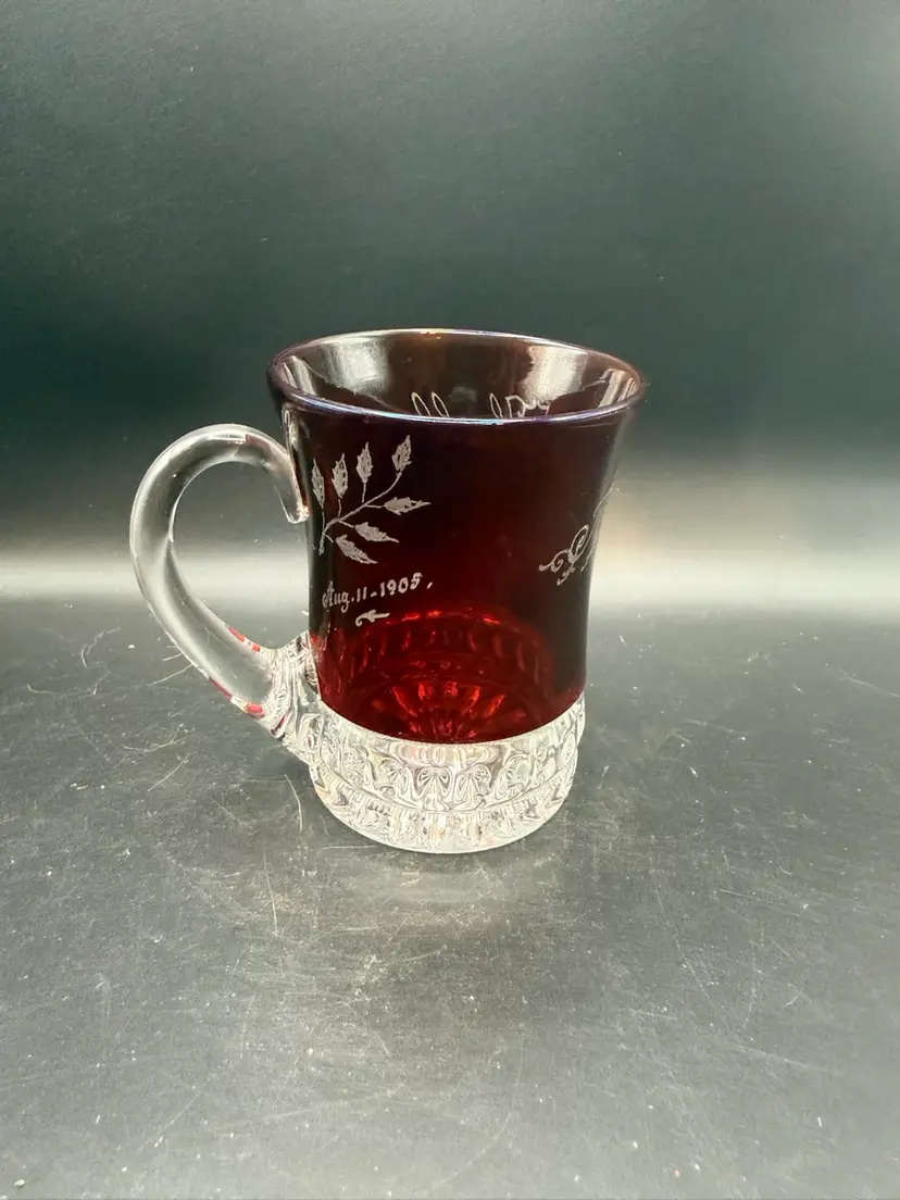 Antique Ruby-Stained EAPG Glass Mug With Etched Floral Design
