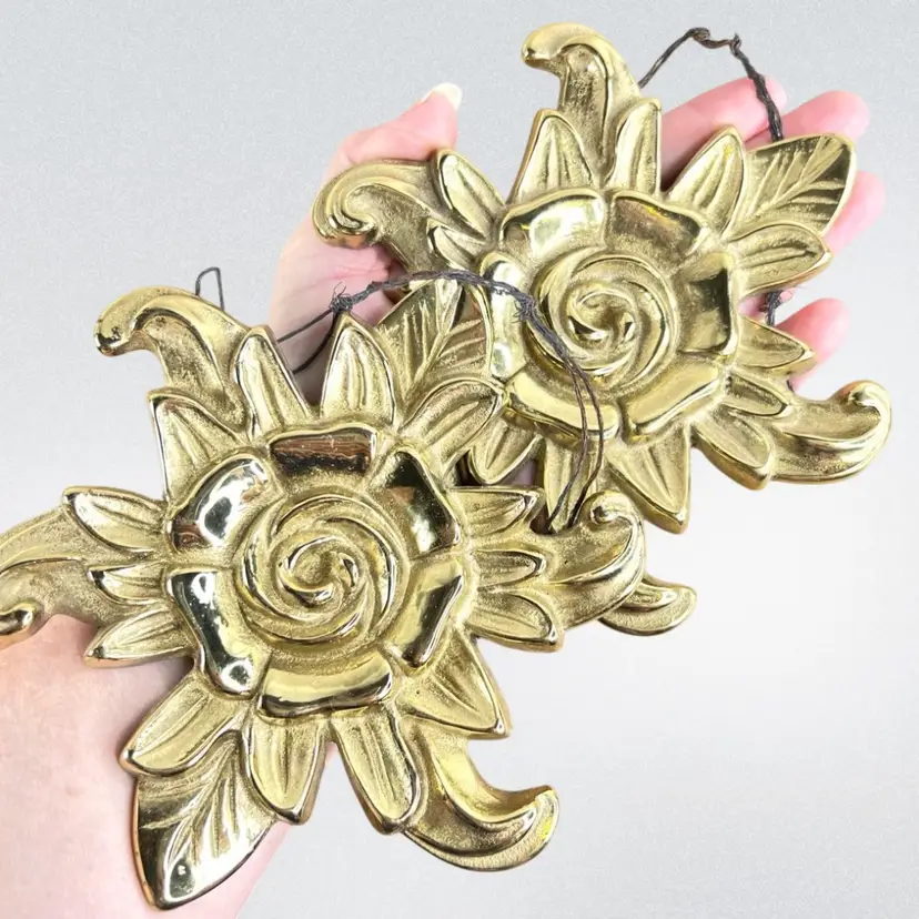 Rose Design Hanging Brass Trivets. Set of 2. 1976 Virginia Metalcrafters Collectible.