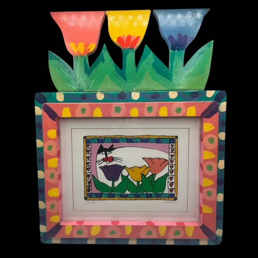 “Tulips” by M. Wahlert Cat Art Print Serigraph, Framed SIGNED Wood And Glass