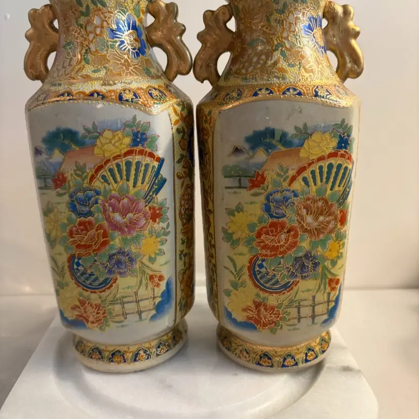 Set Of 2 Vintage Flower Vase Raised Enamel Gold Handles Asian Decor