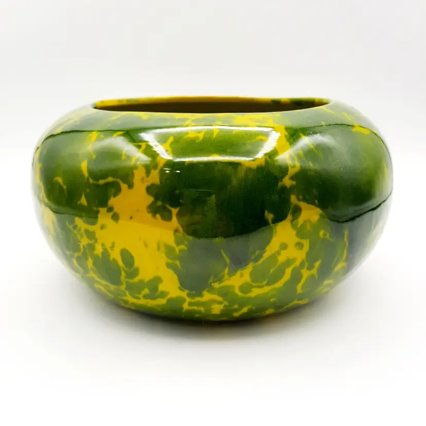 Vintage California Pottery Green & Yellow Mottled Glaze Planter Bowl