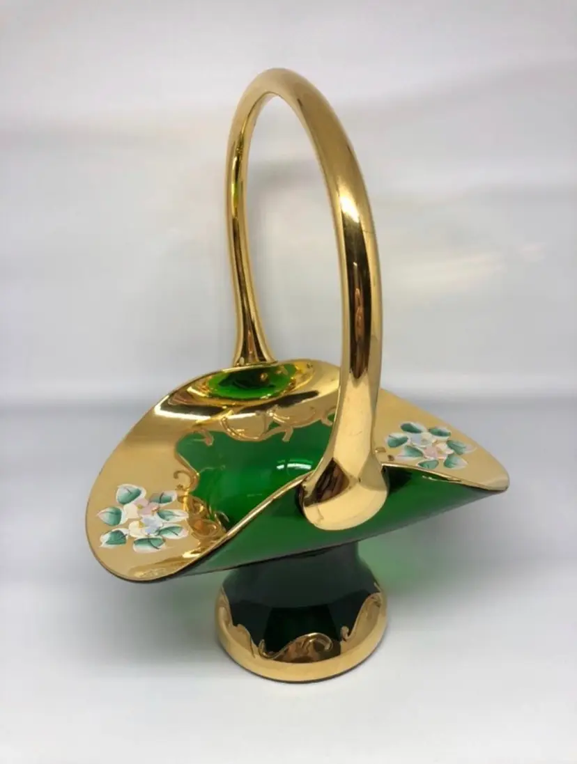 Vintage Bohemian Czech Art Glass Basket Green Enameled Applied Flowers Gold Trim