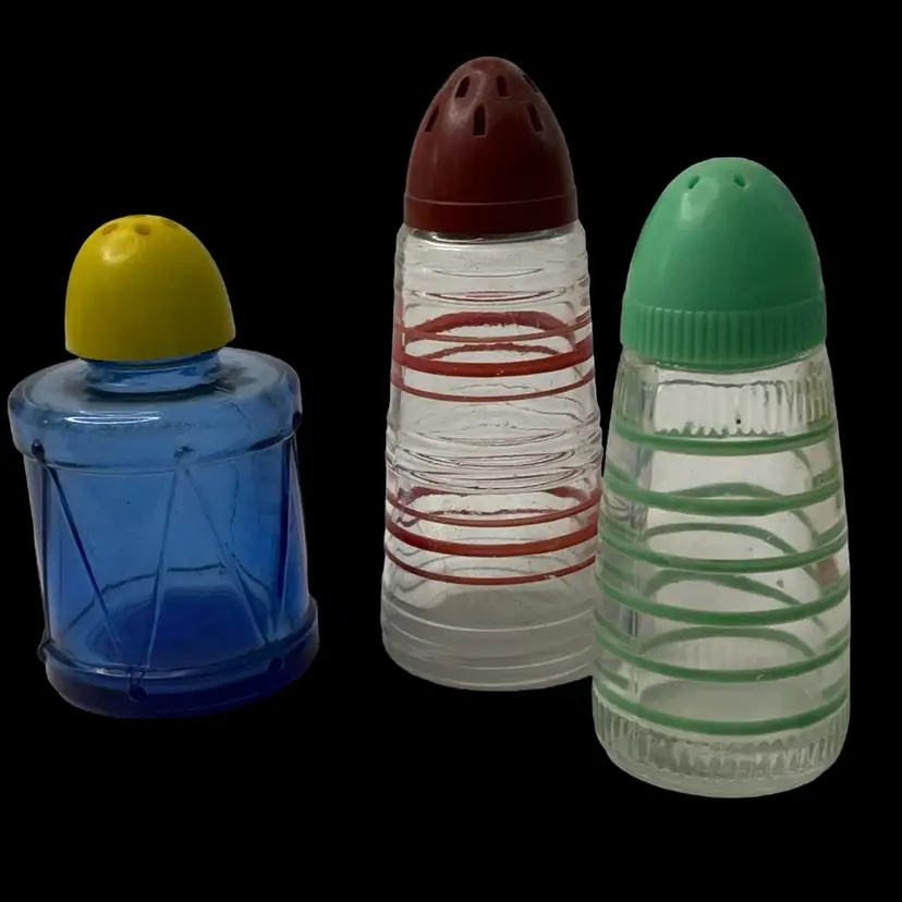 Lot Of (3) Single Salt Pepper Shakers Striped Green Red Blue Drum Glass