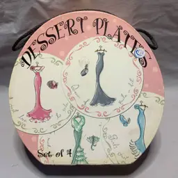 Vintage Set of 4 CIB DESSERT 8 " PLATES  RETRO FASHION DRESSES NIB