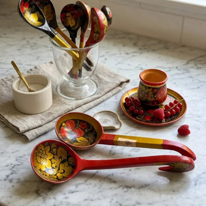 VTG Russian USSR Khokhloma Lacquer Hand Painted Wood Spoons Ladles Cup and Plate