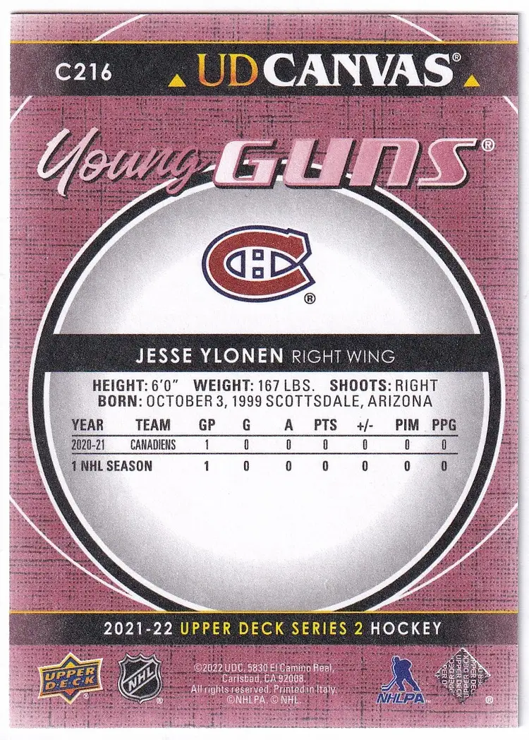 2021-22 Upper Deck YG Canvas #C216 Jesse Ylonen Montreal Canadiens Hockey Card