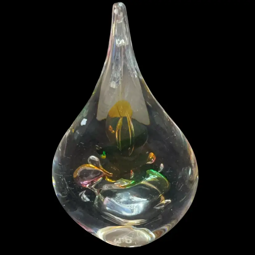 SIGNED Under Sticker, Marian Pyrcak 6" PAPERWEIGHT Blown Glass Teardrop Swirl Vintage Made In Poland