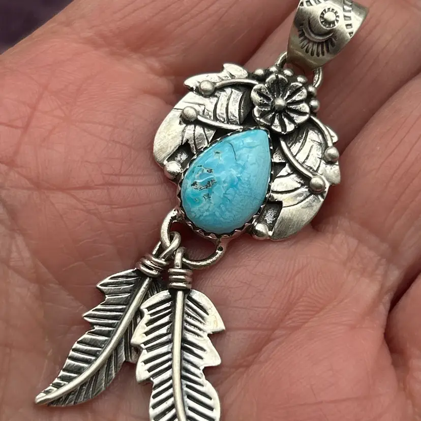 #01 NEW Bluebird Turquoise Feather Dangle Pendant – 2” Sterling Silver Southwestern Statement, Artisan Made in USA
