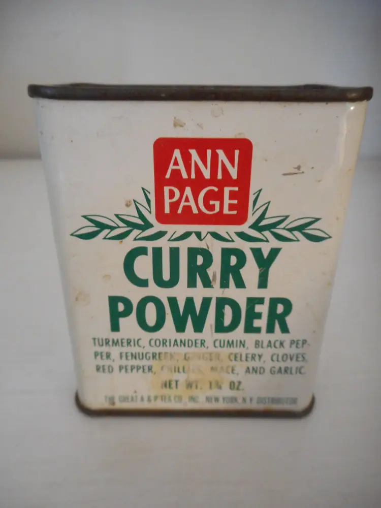 Vintage Ann Page Curry Powder spice tin Green White A&P