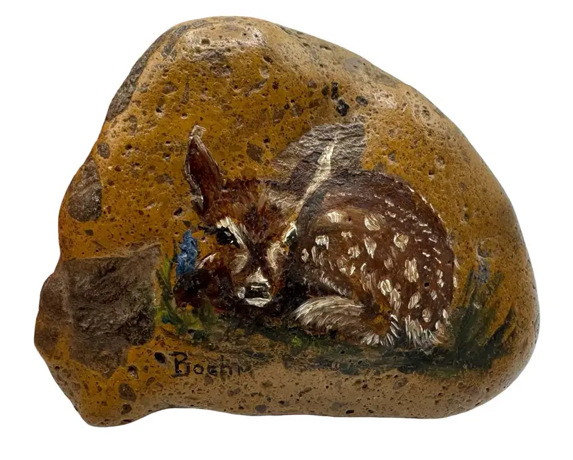 Signed Boehm Hand Painted River Rock Stone Art Baby Deer Fawn Doe Cottage Core