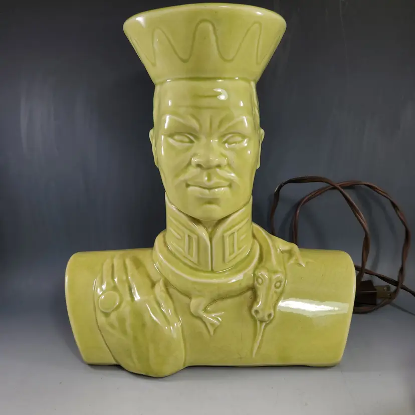 RARE Chinese Emperor Head Vase Planter Large Asian Nobleman Bust Figurine w Dragon Chartreuse Green Pottery Figure MCM