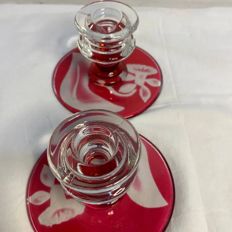 Cranberry Reverse Painted Daffodil 3" Candlesticks