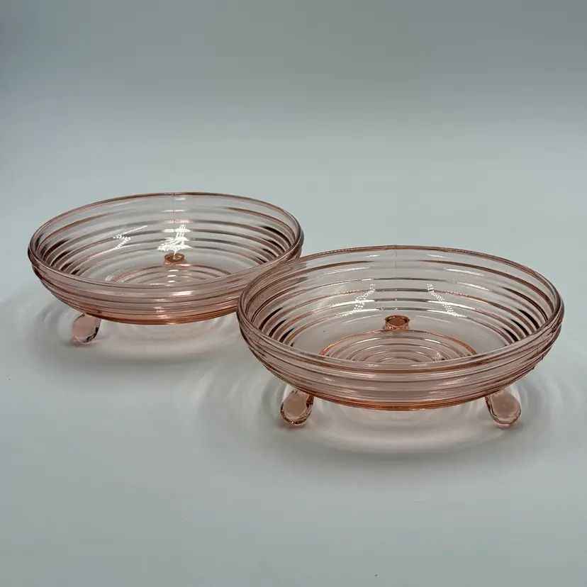 Vintage Anchor Hocking Two Pink Depression Glass Manhattan Footed Bowl Candy Dish