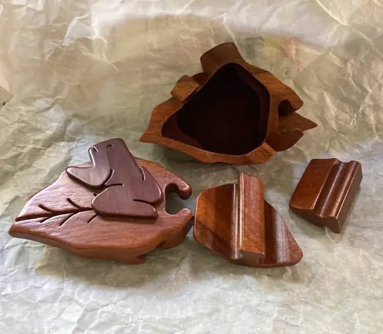 Frog On Leaf Puzzle Box Vintage Hand Carved Wooden Secret Box