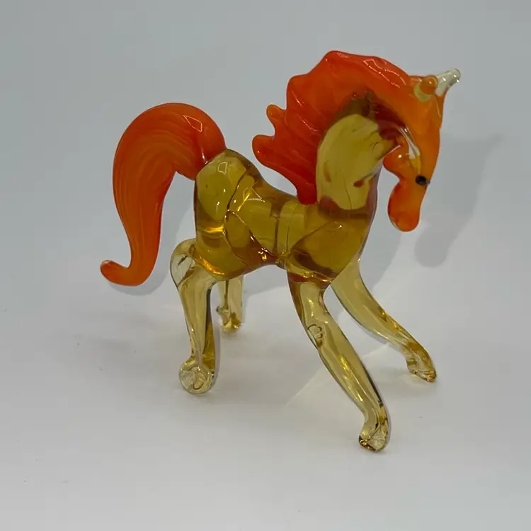 Hand Blown Art Glass Horse Figurine Orange Mane 3.5” x 3” Sculpture