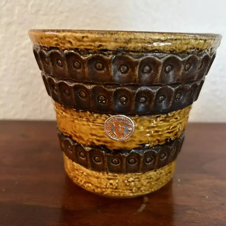 Vintage 1970’s West German Keramik Planter w/ Original Stickers Brown Yellow