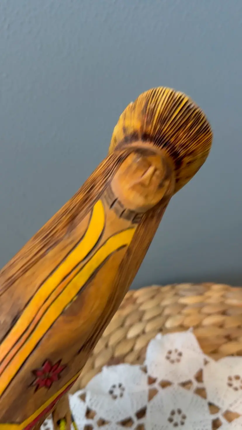 Hand Carved Wooden Folk Art Dancer Sculpture Signed Lyle Bowkey 10" Beaded Hoops