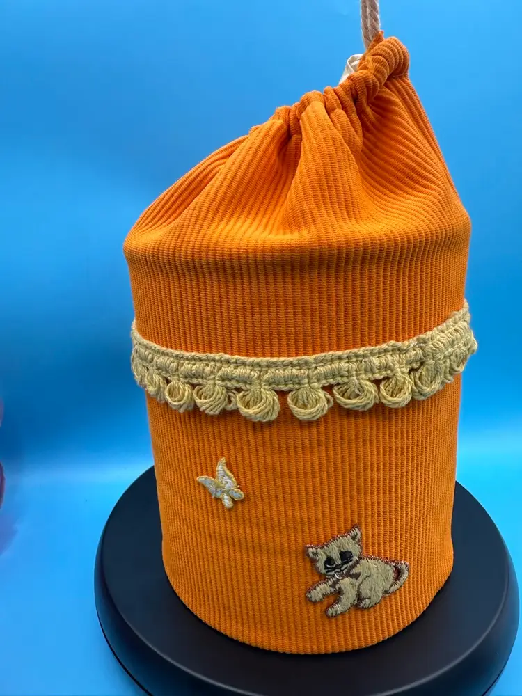 Vintage Coffee Can Drawstring Bag with butterflies and cat. Super cute.