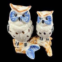 Ceramic Owls On A Branch Figurine, White Blue And Brown Owls Perched On Branch Figurine, Ceramic Owls Figurine