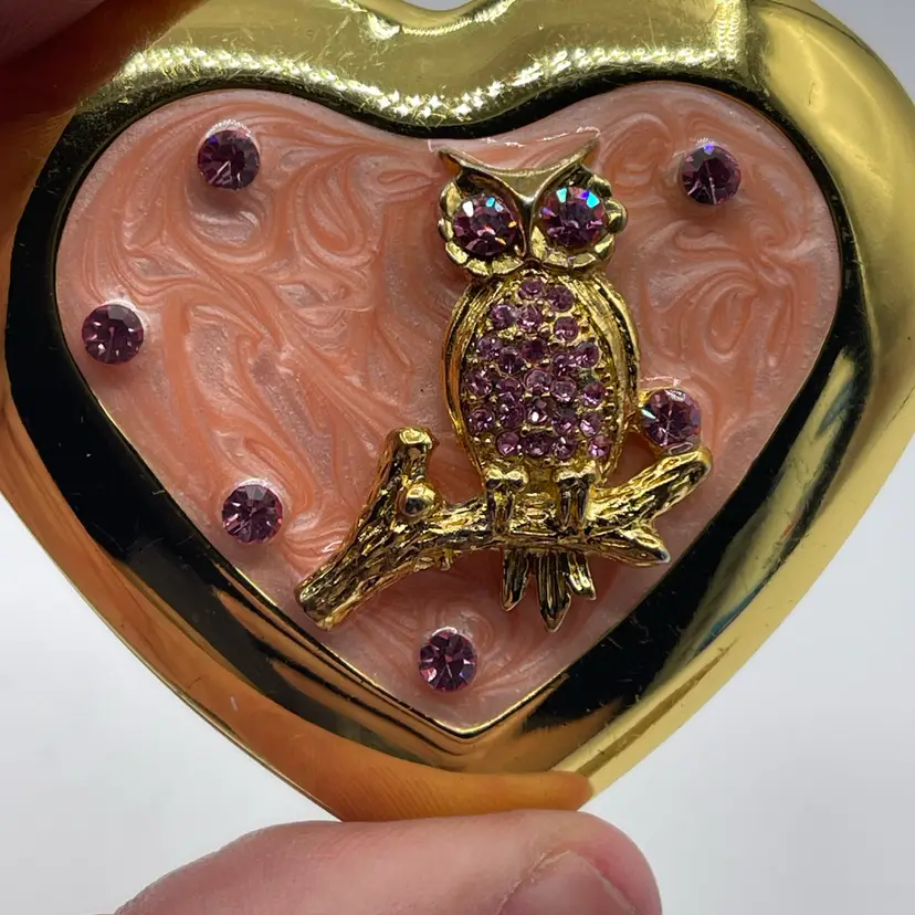 Brass/ Gold Tone Enamel And Rhinestone Owl Compact 2.5”