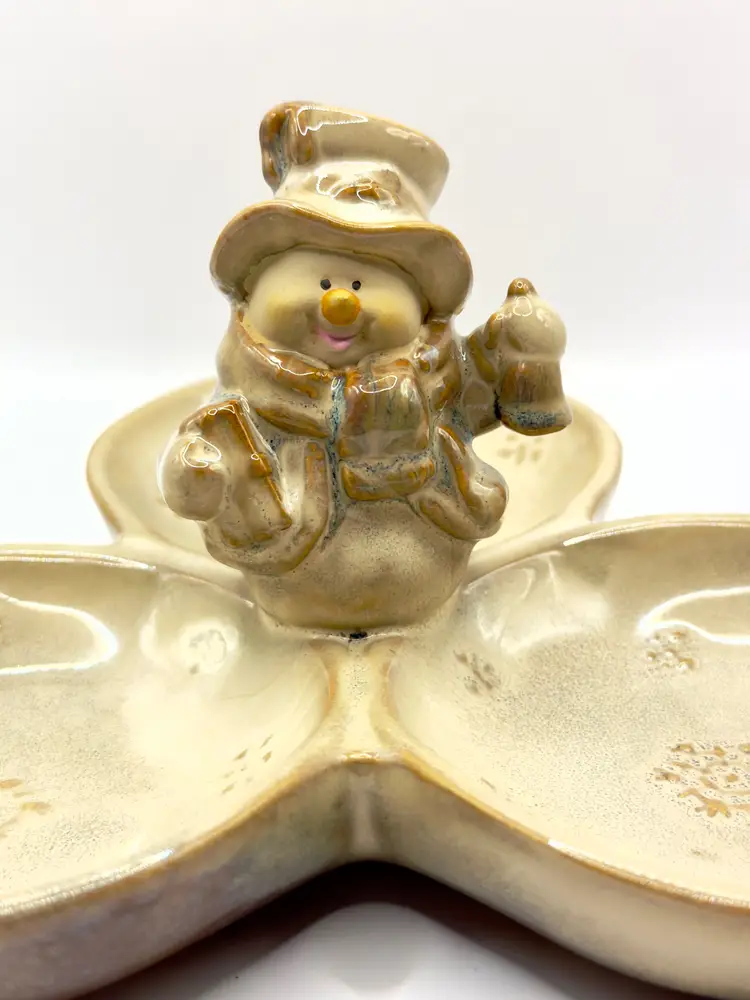Vintage Christmas Ceramic Snowman Divided Serving Dish, Winter Holiday Decor, By CRMC, Made In China, MPN C7644