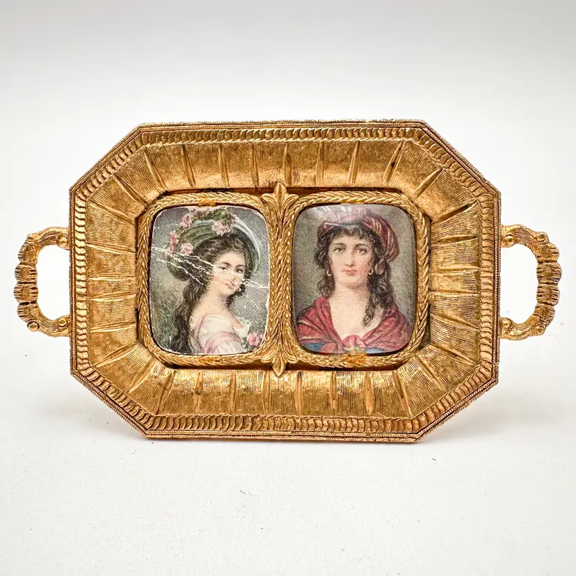 Florenza Vintage Frame Decor Trinket Tray Signed Gold Tone 4"L 2.5"W 2"H B25