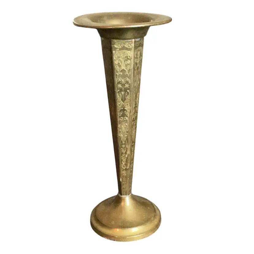 Vintage Etched Brass Vase Or Candle Holder 10 Inches Tall