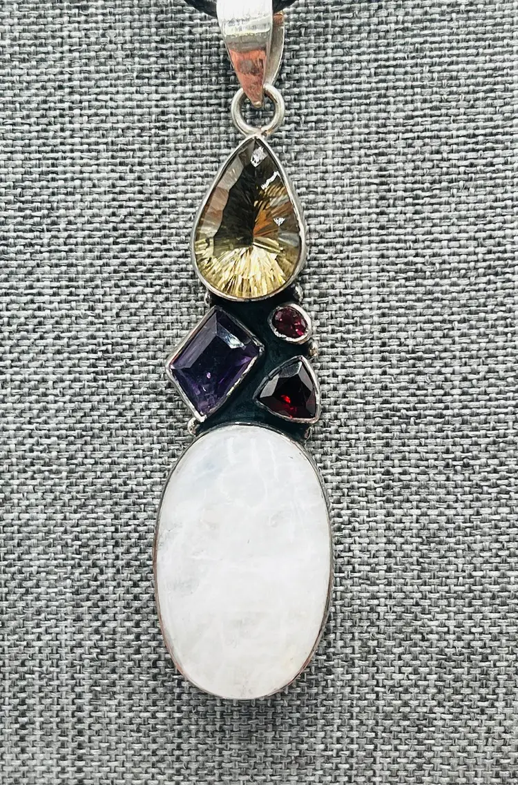 925 Moonstone Amethyst And Gemstones Pendant With 18” Black Cord Necklace