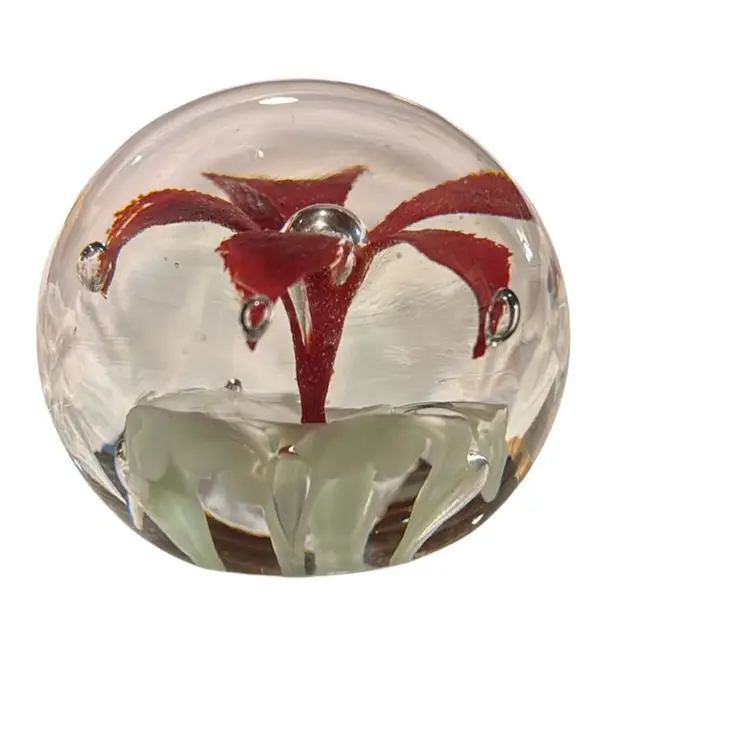 Vintage Art Glass Mouth Blown “Pointsettia” Ice Pick Red Flower On White  Frit Base - Controlled Bubble Petal Tips 3”